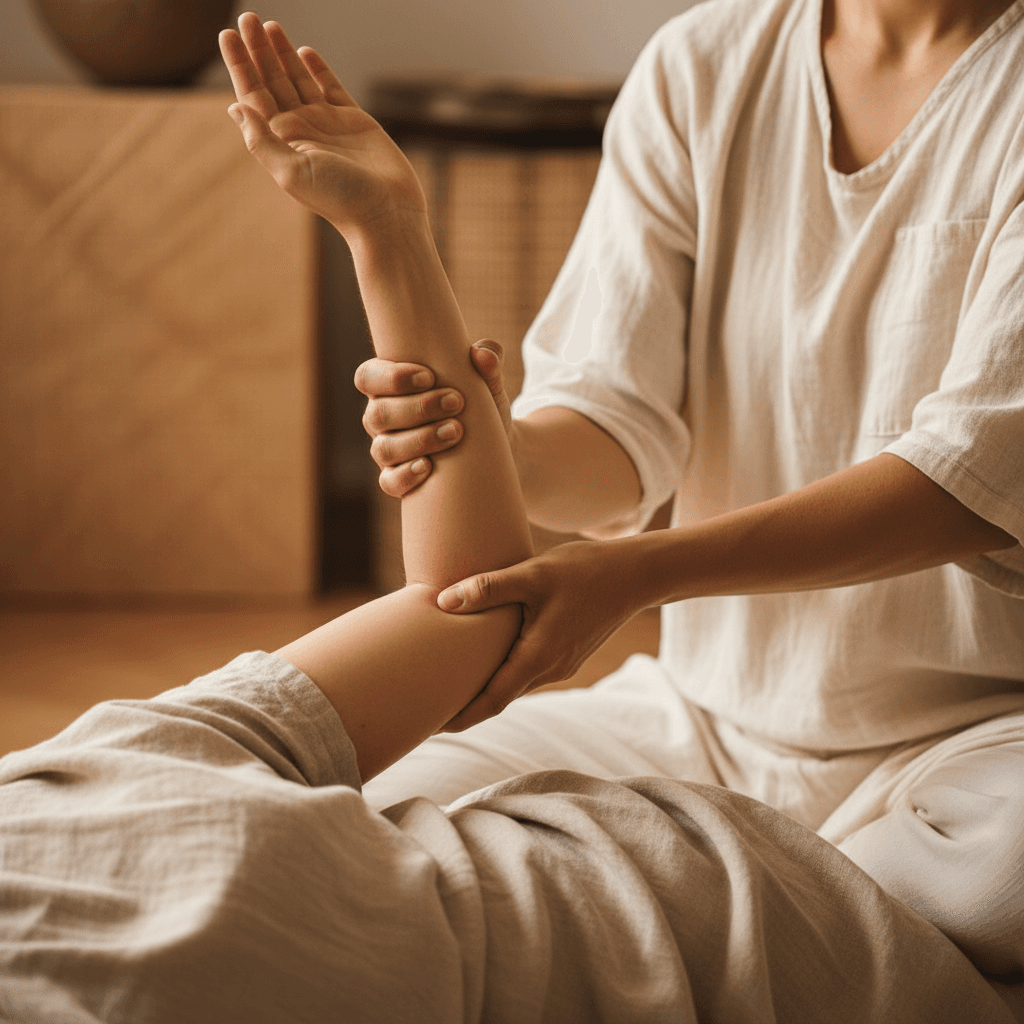 Therapist hands performing Thai yoga massage stretch