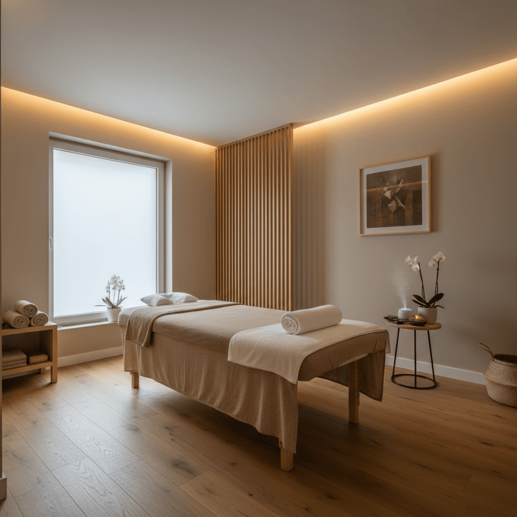 Peaceful massage treatment room at Fasai Thai Massage in Ghent