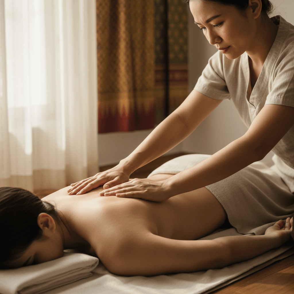 Thai massage therapist performing traditional back massage technique
