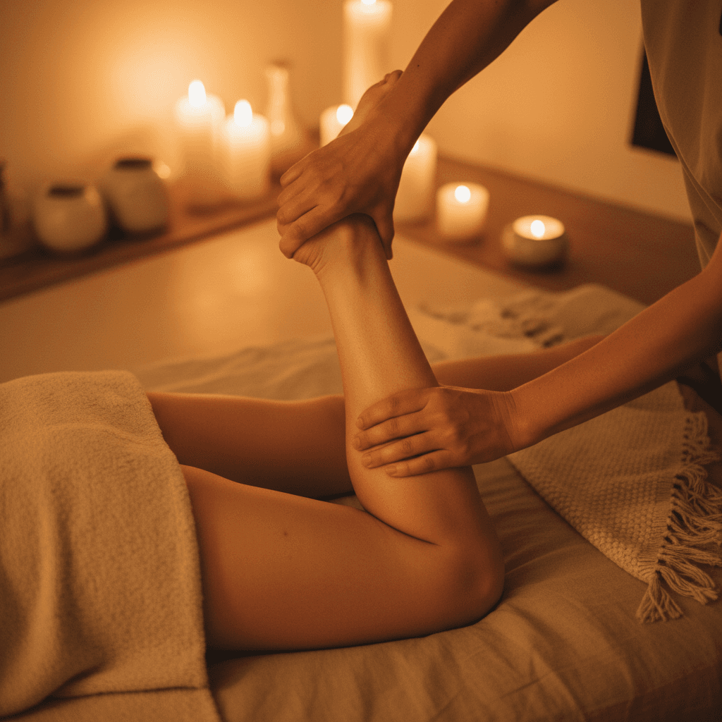 Thai massage therapist performing traditional leg stretch technique with client