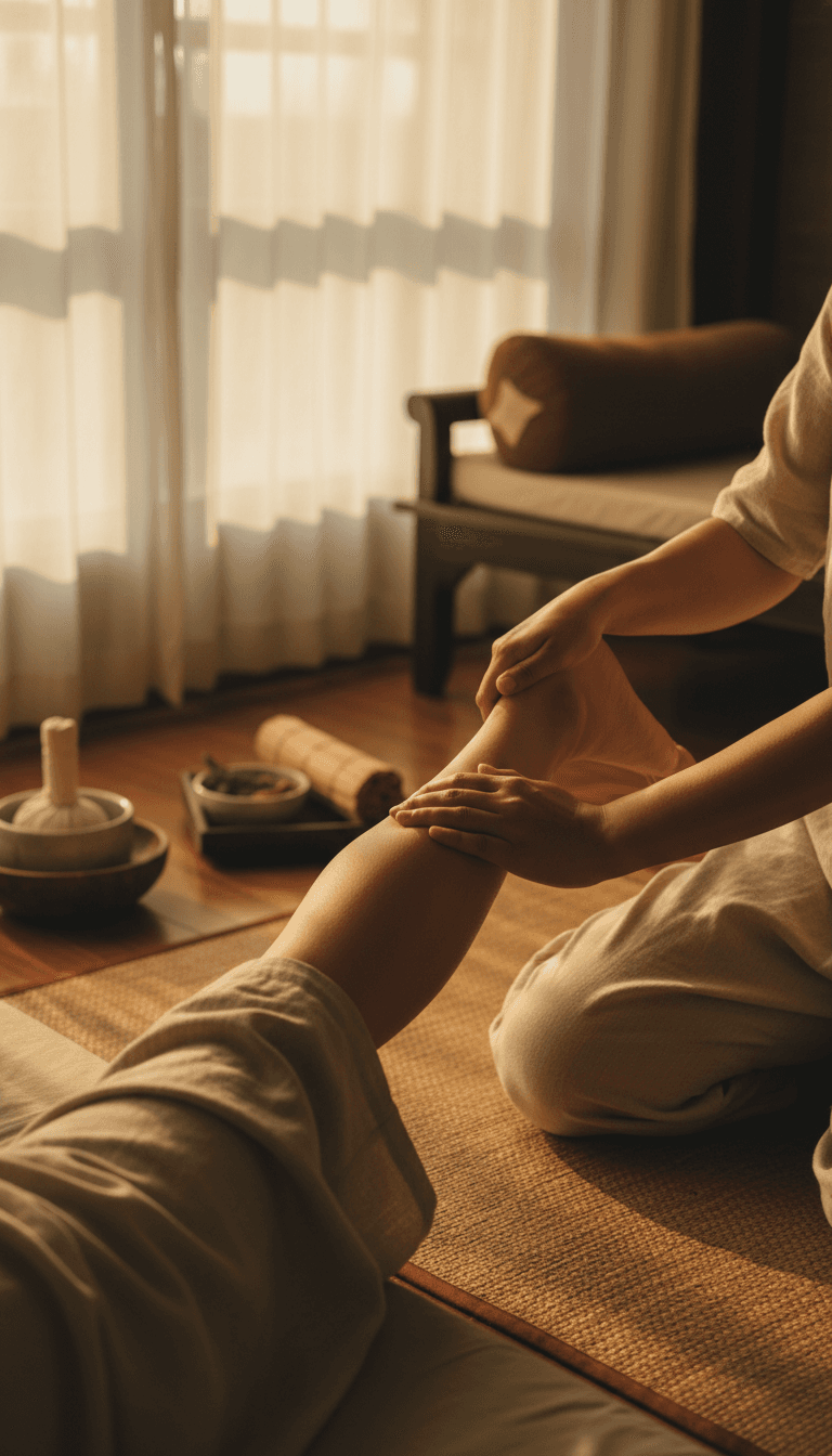 Close-up of a masseuse's hands performing a traditional Thai massage technique in a warm, softly lit spa room
