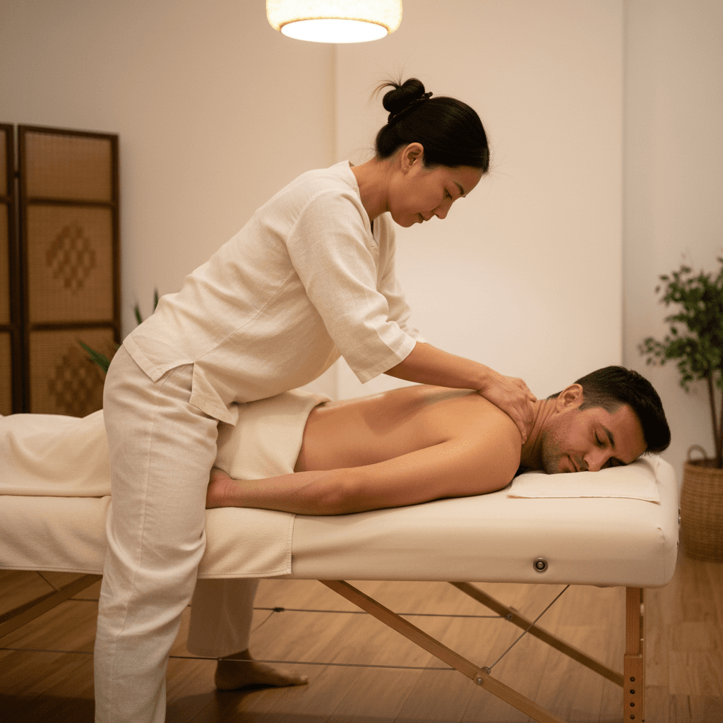 Massage therapist performing neck and shoulder treatment on relaxed client