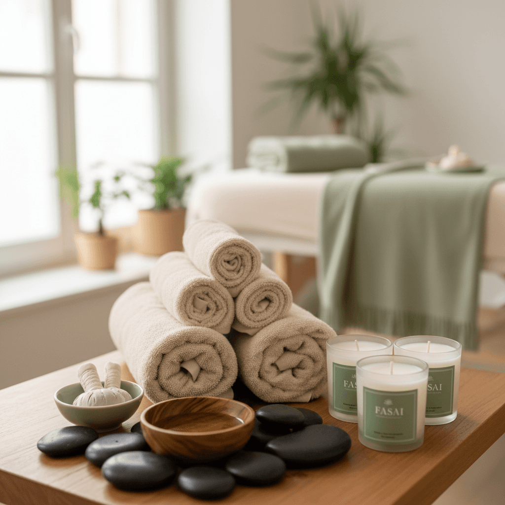 Prepared massage supplies and hot stones on treatment table