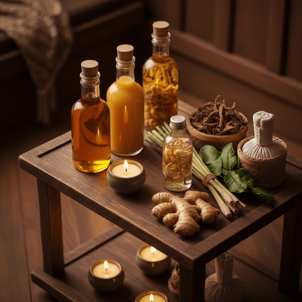 Thai massage oils and aromatic herbs in warm candlelight