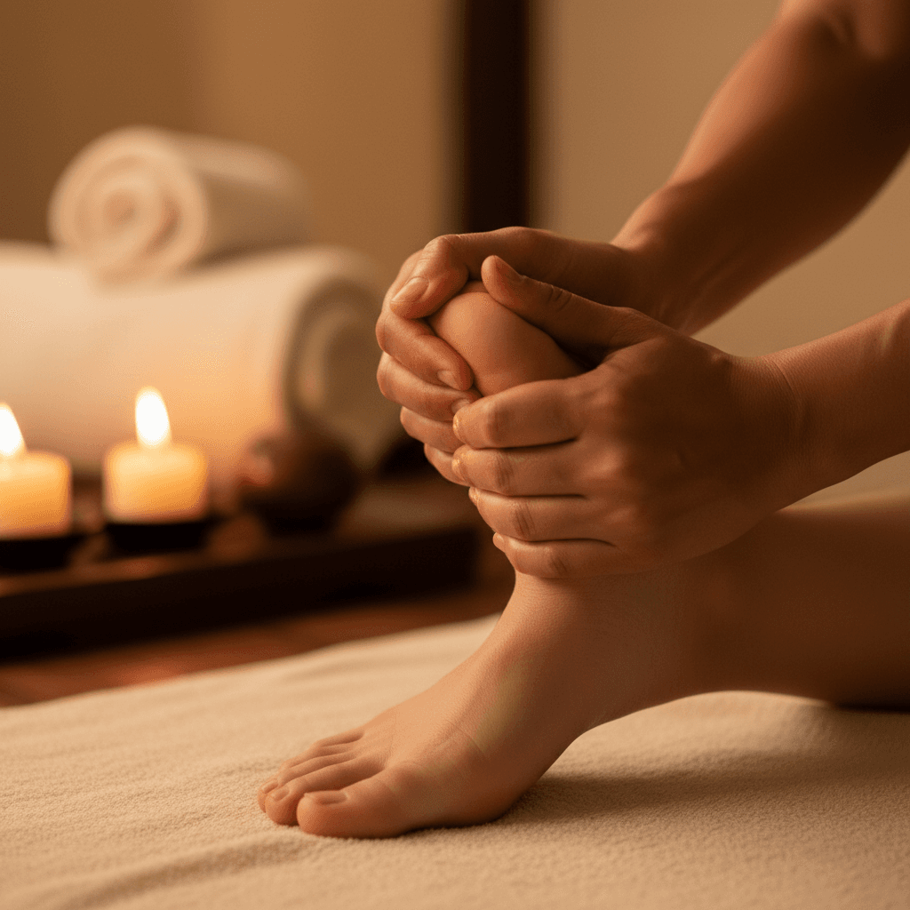 Thai massage therapist performing traditional foot massage