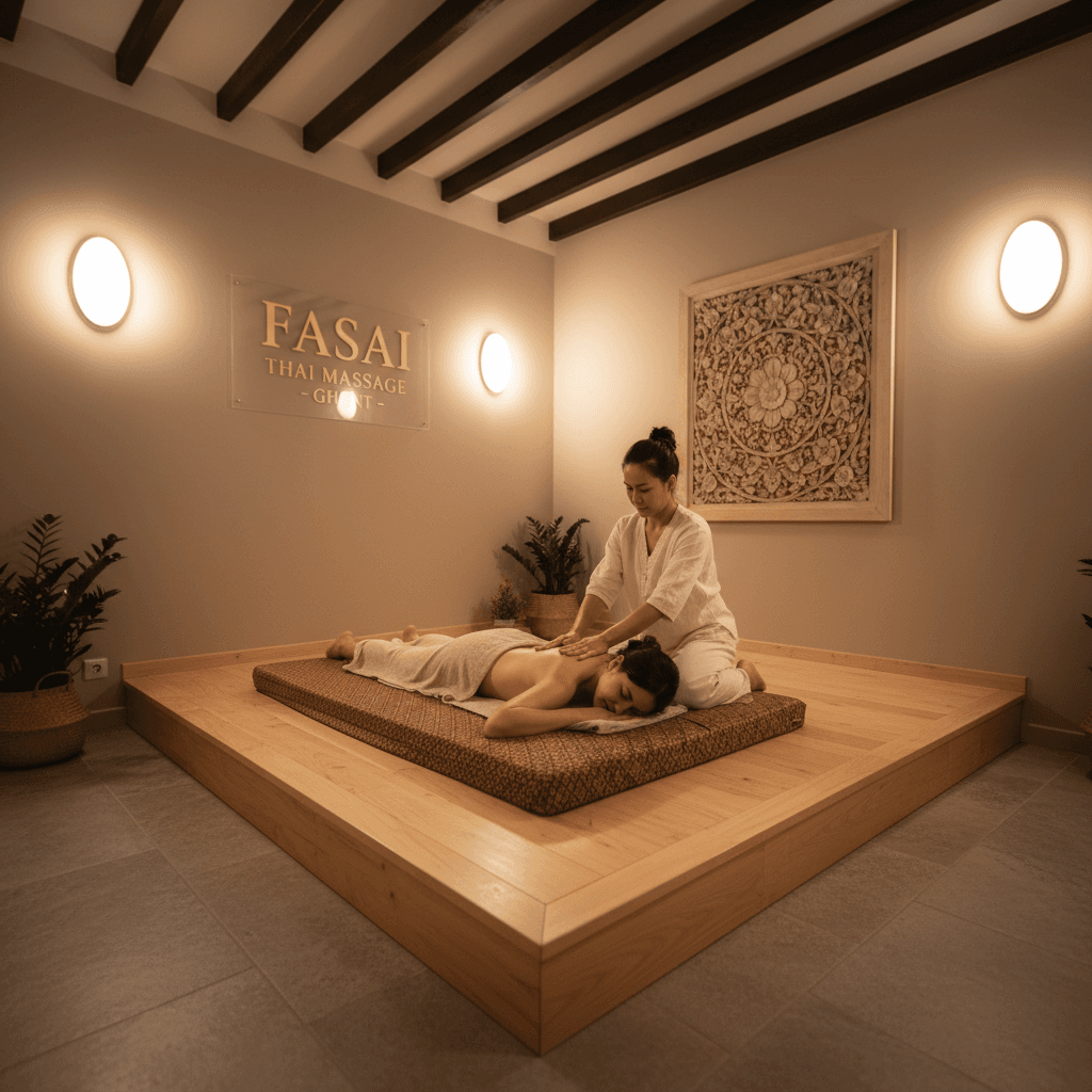 Therapist performing traditional Thai massage on client