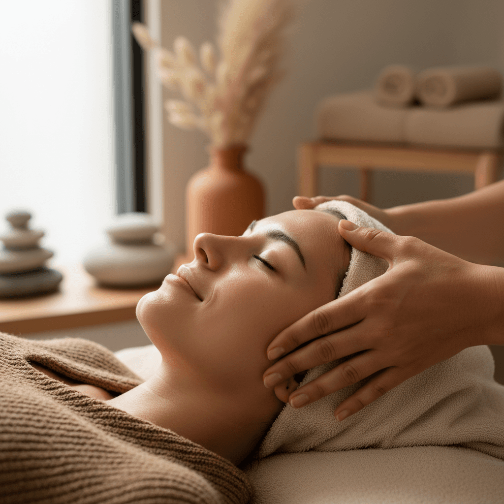 Client experiencing deep relaxation during facial and head massage treatment