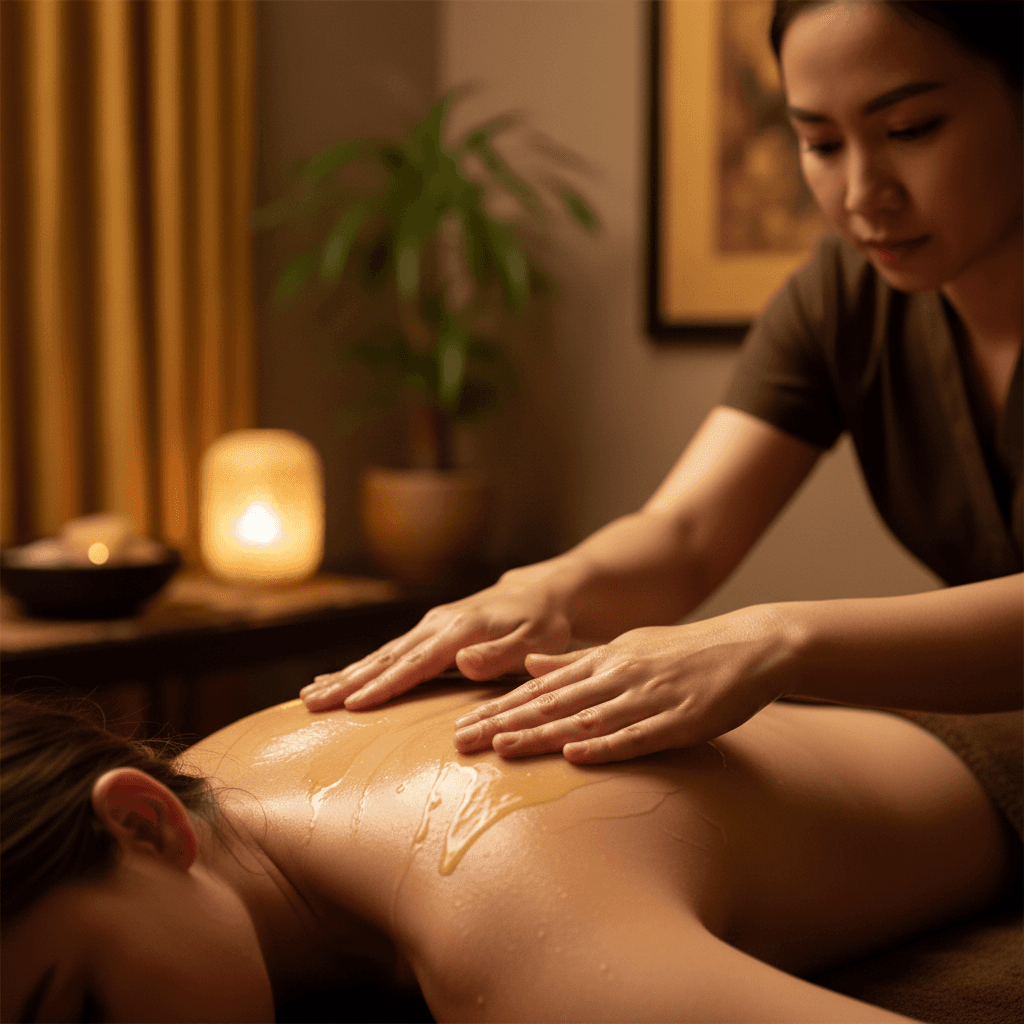 Thai oil aroma massage showing application of therapeutic oils