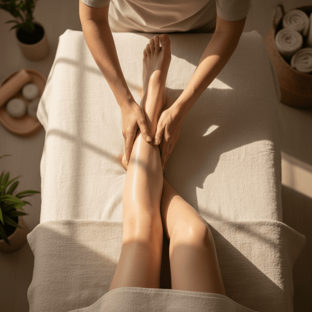 Foot and leg massage treatment showing traditional Thai technique