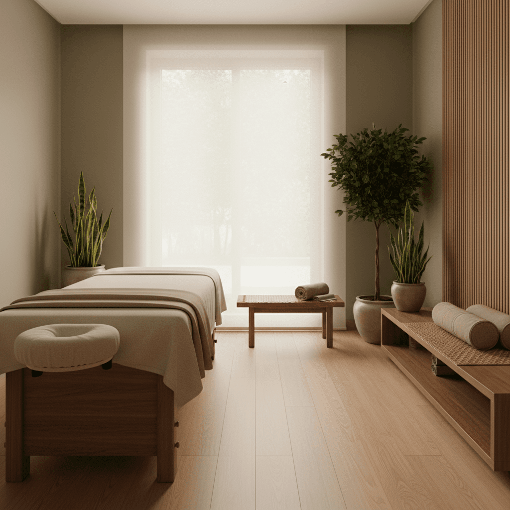 Peaceful massage treatment room with natural light and traditional Thai décor